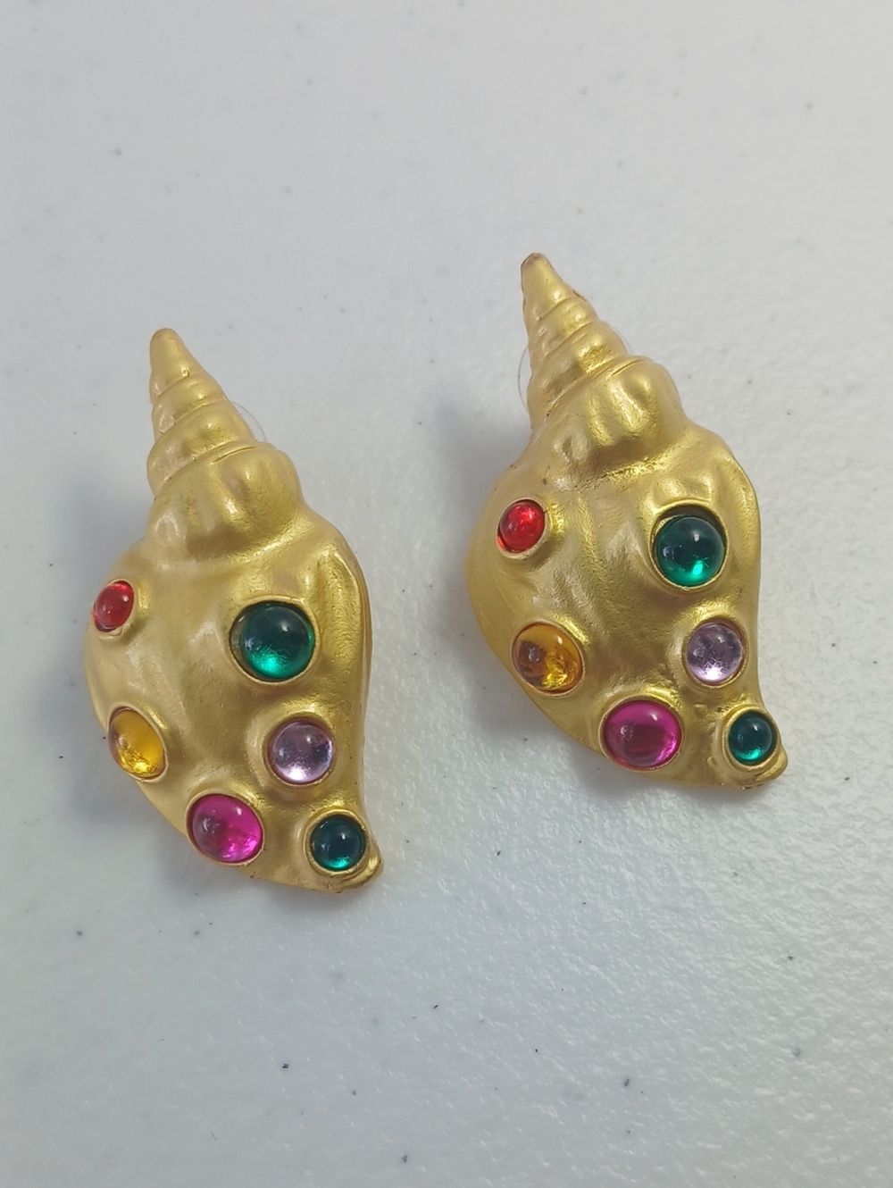 Big And Bold Matte Gold Tone Conch Seashell Multi Colored Cabochon Earrings